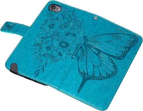 حافظة محفظة iPod Touch 7/ iPod Touch 6/iPod Touch 5، مع حامل بطاقة الائتمان، للنساء والرجال، مع حافظة إغلاق مغناطيسية من جلد البولي يوريثان لجهاز iPod Touch 7 Butterfly Blue YB in Kuwait