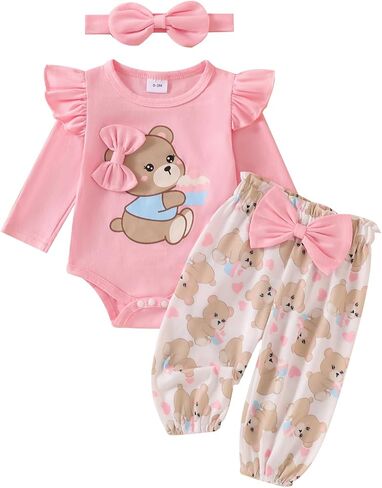 Newborn Infant Baby Girl Outfits Ruffle Bear Long Sleeve Romper Bodysuit Tops Pants Set Cute Fall Winter Clothes in Saudi Arabia