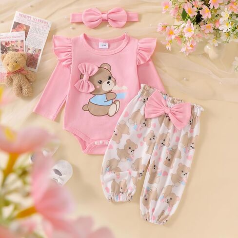 Newborn Infant Baby Girl Outfits Ruffle Bear Long Sleeve Romper Bodysuit Tops Pants Set Cute Fall Winter Clothes in Saudi Arabia
