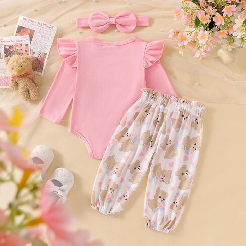 Newborn Infant Baby Girl Outfits Ruffle Bear Long Sleeve Romper Bodysuit Tops Pants Set Cute Fall Winter Clothes in Saudi Arabia