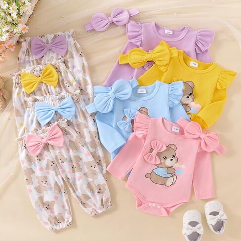 Newborn Infant Baby Girl Outfits Ruffle Bear Long Sleeve Romper Bodysuit Tops Pants Set Cute Fall Winter Clothes in Saudi Arabia