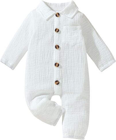 VISGOGO Baby Boy Polo Romper Long Sleeve Solid Bodysuit Cotton Linen Jumpsuit Collared Onesie Infant One-Piece Outfit in Kuwait