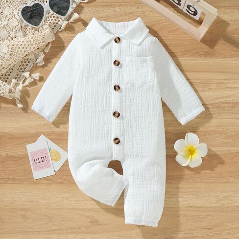 VISGOGO Baby Boy Polo Romper Long Sleeve Solid Bodysuit Cotton Linen Jumpsuit Collared Onesie Infant One-Piece Outfit in Kuwait