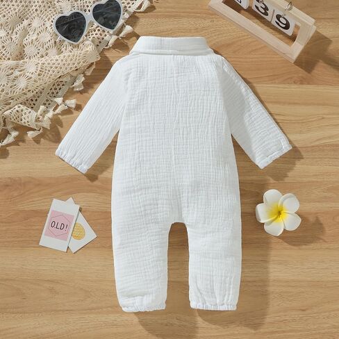 VISGOGO Baby Boy Polo Romper Long Sleeve Solid Bodysuit Cotton Linen Jumpsuit Collared Onesie Infant One-Piece Outfit in Kuwait