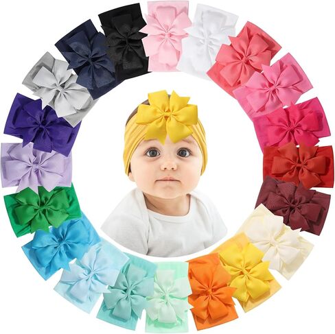 yoyokid 20pcs Baby Girls Bows Headbands, 4.5" Nylon Hairbands Ribbon Hair Bow Elastic Hair Accessories for Newborns Infants Toddlers and Kids (Light Color) in Saudi Arabia