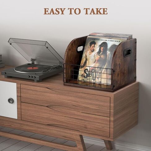 Vensp Vinyl Record Storage, Wood & Metal Vinyl Record Holder, LP Vinyl Record Box Case Crate, Desktop Vinyl Record Organizer, Easy to Assemble, Record Storage for Album File with Handle in Saudi Arabia
