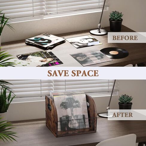 Vensp Vinyl Record Storage, Wood & Metal Vinyl Record Holder, LP Vinyl Record Box Case Crate, Desktop Vinyl Record Organizer, Easy to Assemble, Record Storage for Album File with Handle in Saudi Arabia