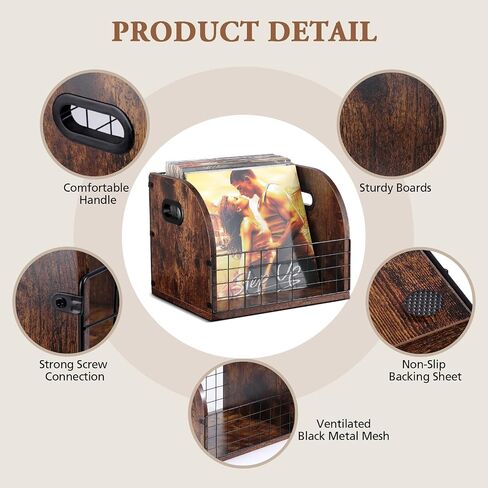 Vensp Vinyl Record Storage, Wood & Metal Vinyl Record Holder, LP Vinyl Record Box Case Crate, Desktop Vinyl Record Organizer, Easy to Assemble, Record Storage for Album File with Handle in Saudi Arabia