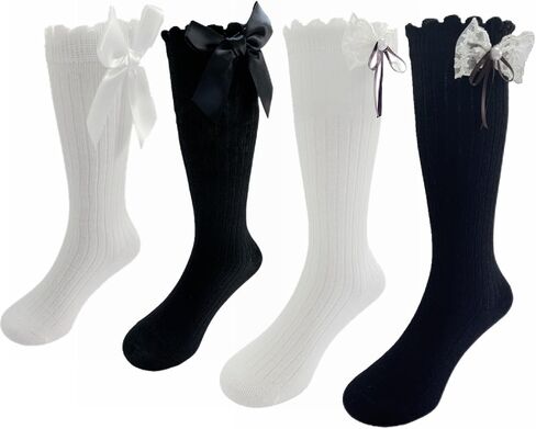 Baby Girls Knee High Socks Infants Toddlers Bow Ruffled Knee Socks Infants Cotton Tube Stockings Dress Socks 4 pairs in Saudi Arabia