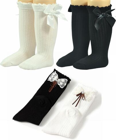 Baby Girls Knee High Socks Infants Toddlers Bow Ruffled Knee Socks Infants Cotton Tube Stockings Dress Socks 4 pairs in Saudi Arabia