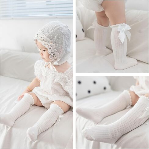 Baby Girls Knee High Socks Infants Toddlers Bow Ruffled Knee Socks Infants Cotton Tube Stockings Dress Socks 4 pairs in Saudi Arabia