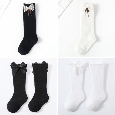 Baby Girls Knee High Socks Infants Toddlers Bow Ruffled Knee Socks Infants Cotton Tube Stockings Dress Socks 4 pairs in Saudi Arabia