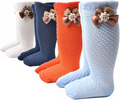 Baby Girls Knee High Socks Infants Toddlers Bow Ruffled Knee Socks Infants Cotton Tube Stockings Dress Socks 4 pairs in Saudi Arabia