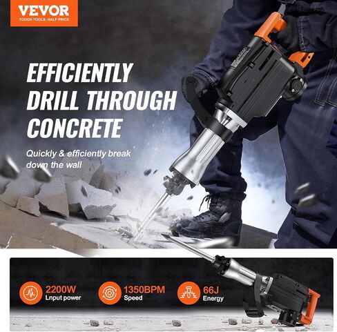 VEVOR Demolition Jack Hammer, 1350 BPM Concrete Breaker 6pcs Chisels Bit Chipping with Case, 2200W Electric Jackhammer Heavy Duty, Black in Saudi Arabia