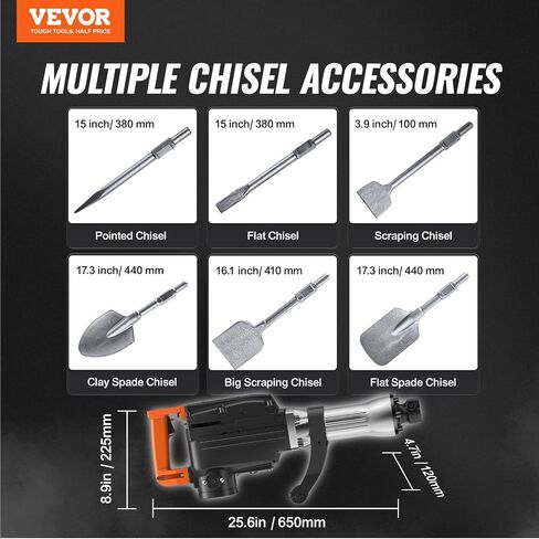 VEVOR Demolition Jack Hammer, 1350 BPM Concrete Breaker 6pcs Chisels Bit Chipping with Case, 2200W Electric Jackhammer Heavy Duty, Black in Saudi Arabia