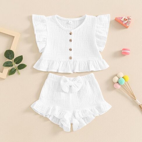 Toddler Baby Girl Solid Color Fly Sleeve Button Ruffle Tops+Bow Shorts Bubble Two Piece Summer Outfit Clothes Set in Kuwait