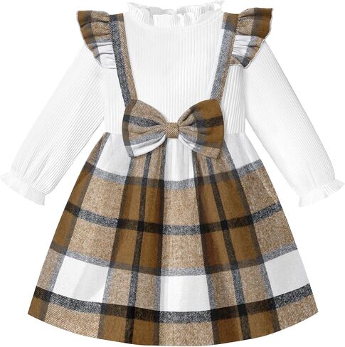 Toddler Girl Dress Plaid Ruffle Long Sleeve Bowknot Little Girl Dresses Fall Winter Outfits 3-7 Years in Kuwait