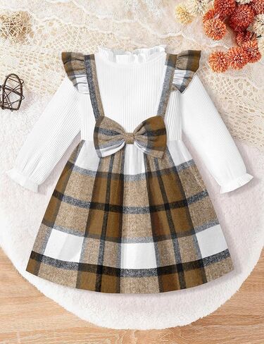 Toddler Girl Dress Plaid Ruffle Long Sleeve Bowknot Little Girl Dresses Fall Winter Outfits 3-7 Years in Kuwait