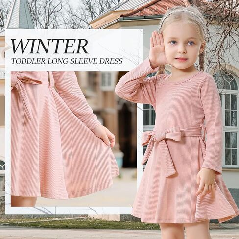Toddler Dress Long Sleeve Baby Girl Knitted Sweater Dress Tie Waist Kids Fall Winter Swing Dresses Casual Holiday in Saudi Arabia