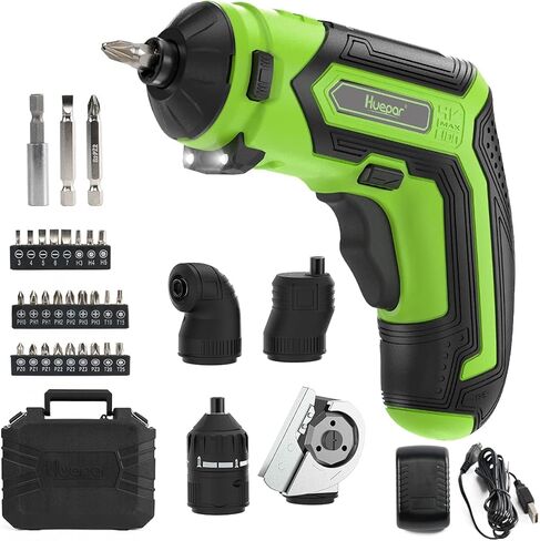 Huepar مفك براغي لاسلكي 4V 1.5Ah Max 6Nm طقم مفك كهربائي قابل لإعادة الشحن مع 4 ملحقات بديلة - 2 ضوء LED، إعداد عزم دوران 9+1 ومجموعة 35 بت، كابل USB للمنزل DIY CS04 in Kuwait