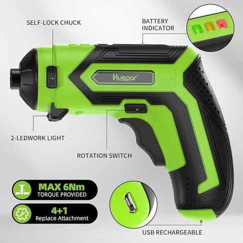 Huepar مفك براغي لاسلكي 4V 1.5Ah Max 6Nm طقم مفك كهربائي قابل لإعادة الشحن مع 4 ملحقات بديلة - 2 ضوء LED، إعداد عزم دوران 9+1 ومجموعة 35 بت، كابل USB للمنزل DIY CS04 in Kuwait