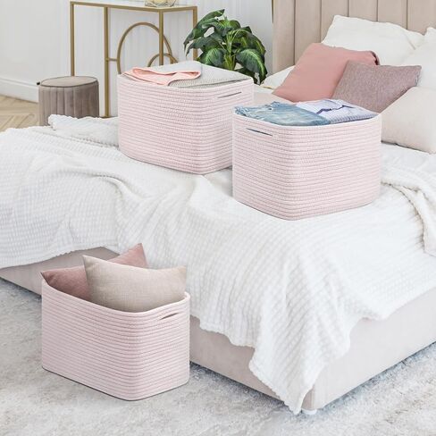 Woven Basket for Organizing, 3 Pack Cotton Rope Basket 14.5"X9.5"X9.3" Square Rope Nursery Basket Laundry Basket Decorative Basket Bin for Living Room Bedroom - Pink in Saudi Arabia