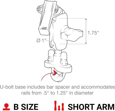 مثبتات ذاكرة الوصول العشوائي (RAM) بمشبك للعمود الفقري مع قاعدة مقود على شكل حرف U RAM-B-149Z-A-GA76U مع ذراع قصير للدراجات النارية، ATV/UTV، الدراجة in Kuwait
