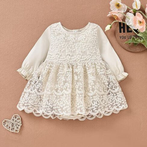 IDOPIP Newborn Baby Girls Lace Romper Dress Toddler Boho Floral Lace Long Sleeve Bodysuit Jumpsuit Baptism Birthday Outfits in Saudi Arabia
