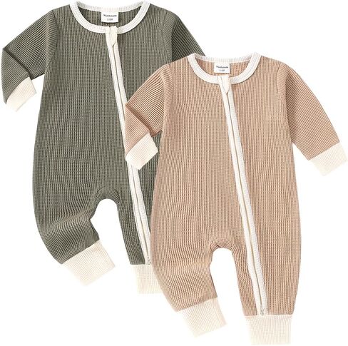 Baby 2 Pack Rompers Long Sleeve Waffle Two Way Zipper One-Piece Romper Cotton Jumpsuit Outfits in Saudi Arabia