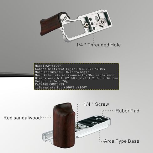 X100VI / X100V Handgrip L-Shape Grip with Quick Release Plate for Arca,Wood Side Handle,Compatible with FUJIFILM X100VI / X101V Cameras (Black Base/Red Sandalwood) in Kuwait