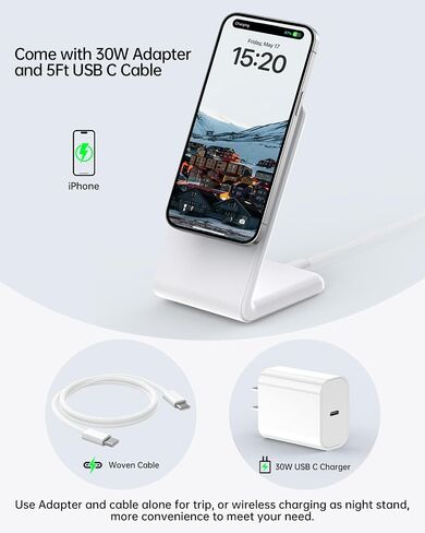 Wireless Charger for Magsafe Charger, Magnetic iPhone Charger w/ 30W Adapter & 5ft Long Braided Cable, Fast Wireless Charging Stand for iPhone 15/14/13/12 Series - Black in Saudi Arabia