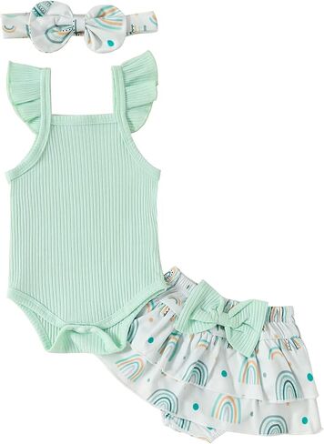 Thorn Tree Newborn Baby Girls Clothes Sleeveless Solid Romper Top & Rainbow Shorts Headband 3Pcs Summer Outfits in Saudi Arabia