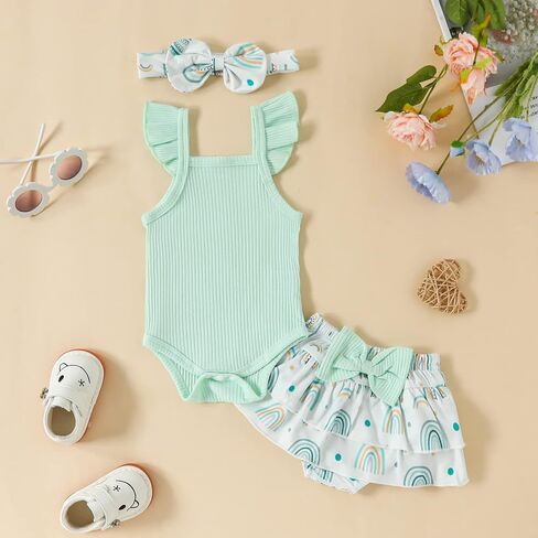 Thorn Tree Newborn Baby Girls Clothes Sleeveless Solid Romper Top & Rainbow Shorts Headband 3Pcs Summer Outfits in Saudi Arabia
