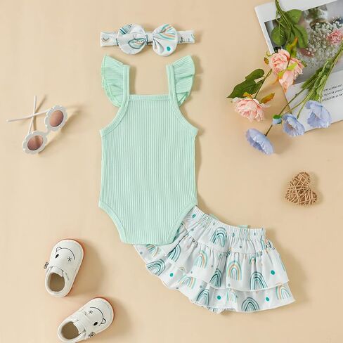 Thorn Tree Newborn Baby Girls Clothes Sleeveless Solid Romper Top & Rainbow Shorts Headband 3Pcs Summer Outfits in Saudi Arabia