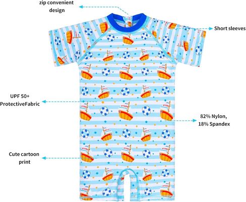 بدلة سباحة من Mud Kingdom للأطفال الصغار قطعة واحدة من Rash Guard بأكمام قصيرة وسحاب وطباعة كرتونية بعامل حماية من الأشعة فوق البنفسجية 50+ in Saudi Arabia