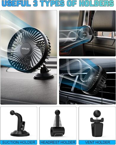 USB Car Fan, Car Seat Fan for Backseat Kids Pet Passenger, 3 Speeds, 360° Rotatable Clip Car Cooling Fan, Rear Air Circulation Dashboard Fan for Vehicles, Truck, Van, SUV, RV (Black) in Saudi Arabia