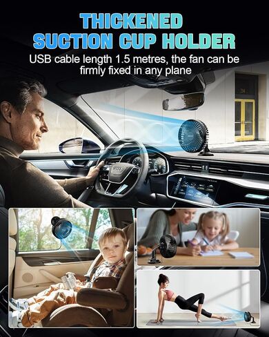 USB Car Fan, Car Seat Fan for Backseat Kids Pet Passenger, 3 Speeds, 360° Rotatable Clip Car Cooling Fan, Rear Air Circulation Dashboard Fan for Vehicles, Truck, Van, SUV, RV (Black) in Saudi Arabia