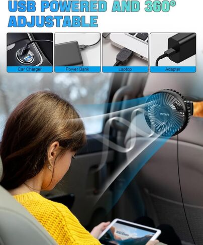 USB Car Fan, Car Seat Fan for Backseat Kids Pet Passenger, 3 Speeds, 360° Rotatable Clip Car Cooling Fan, Rear Air Circulation Dashboard Fan for Vehicles, Truck, Van, SUV, RV (Black) in Saudi Arabia