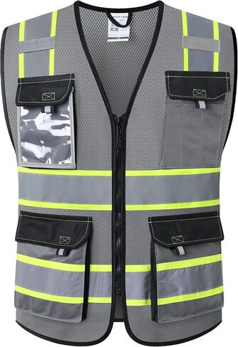 JKSafety Hi Vis Reflective Safety Vests for Men Women High Visibility Vest with Pockets Mesh Fabric Construction Safety Apparel Neon Vest for Work (220-Black L) in Saudi Arabia