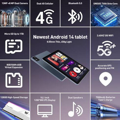 تابلت 2024 Android 14، أقراص خلوية 10.1 بوصة 4G مع فتحة مزدوجة لشريحة الاتصال، ذاكرة وصول عشوائي 14 جيجابايت (8+6 افتراضية) + ذاكرة وصول عشوائي 128 جيجابايت سعة 1 تيرابايت، ثماني النواة، شاشة Incell 1280x800، 5G WIFI، كاميرا مزدوجة، بطارية 7000 مللي أمبير in Saudi Arabia