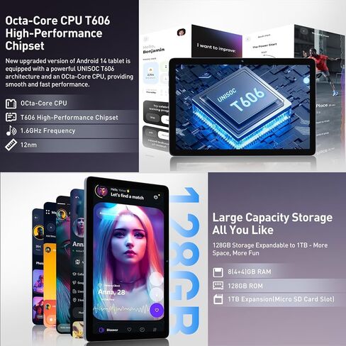 تابلت 2024 Android 14، أقراص خلوية 10.1 بوصة 4G مع فتحة مزدوجة لشريحة الاتصال، ذاكرة وصول عشوائي 14 جيجابايت (8+6 افتراضية) + ذاكرة وصول عشوائي 128 جيجابايت سعة 1 تيرابايت، ثماني النواة، شاشة Incell 1280x800، 5G WIFI، كاميرا مزدوجة، بطارية 7000 مللي أمبير in Saudi Arabia