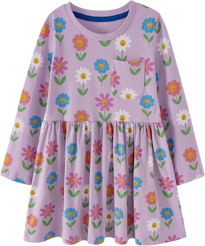 Little Girls Cotton Long Sleeve Casual Dress Toddler Kids Cartoon Floral Print Jersey Dresses 24M-7Yrs in Saudi Arabia