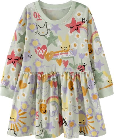 Little Girls Cotton Long Sleeve Casual Dress Toddler Kids Cartoon Floral Print Jersey Dresses 24M-7Yrs in Saudi Arabia