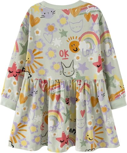 Little Girls Cotton Long Sleeve Casual Dress Toddler Kids Cartoon Floral Print Jersey Dresses 24M-7Yrs in Saudi Arabia
