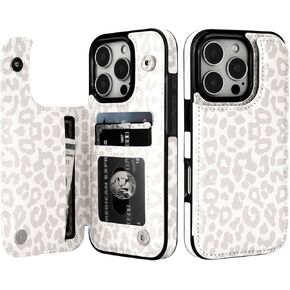 HAOPINSH for iPhone 16 Pro Case Wallet with Card Holder, White Leopard Cheetah Pattern Back Flip Folio PU Leather Kickstand Card Slots Case for Women Girls, Double Magnetic Clasp Shockproof Case 6.3"