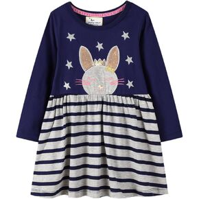 Girls Long Sleeve Dress Casual Cartoon Appliques Jersey Dresses 2-7T