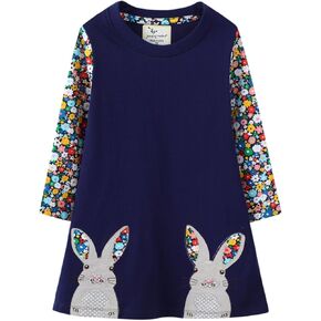 Girls Long Sleeve Dress Casual Cartoon Appliques Jersey Dresses 2-7T