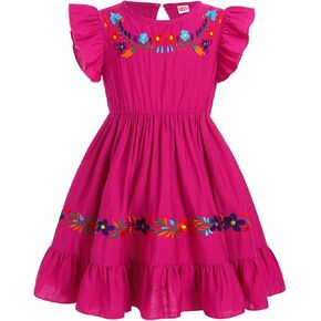 IKADEX Kids Baby Girls Mexican Embroidered Dress Flutter Sleeve Ruffle A-line Cinco de Mayo Dress