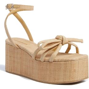 Raffia Platform Sandals for Women,Bow Ankle Strappy Espadrille Wedges Sandals Comfortable Square Open Toe Straw Sandals