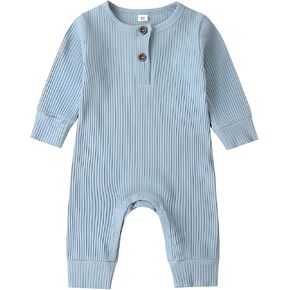 Newborn Baby Boy Girl Romper Infant Long Sleeve Solid Ribbed Button Clothes Bodysuit Jumpsuit